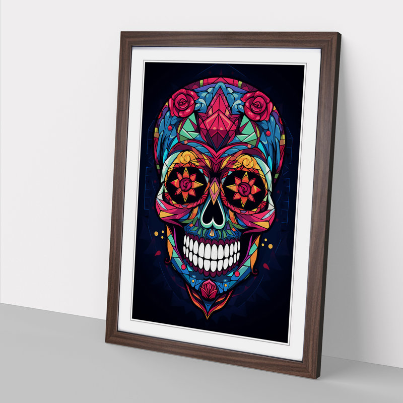 Sugar Skull Geometric Art - Framed Print, 34cm H x 25cm W x 2cm D, Walnut Framed