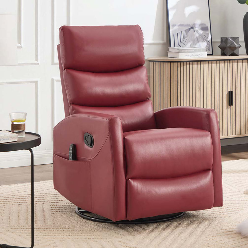 Heat Massage Manual Recliner Chair with Rocker and Swivel, Red, Manual - Handle / Lever, Faux Leather