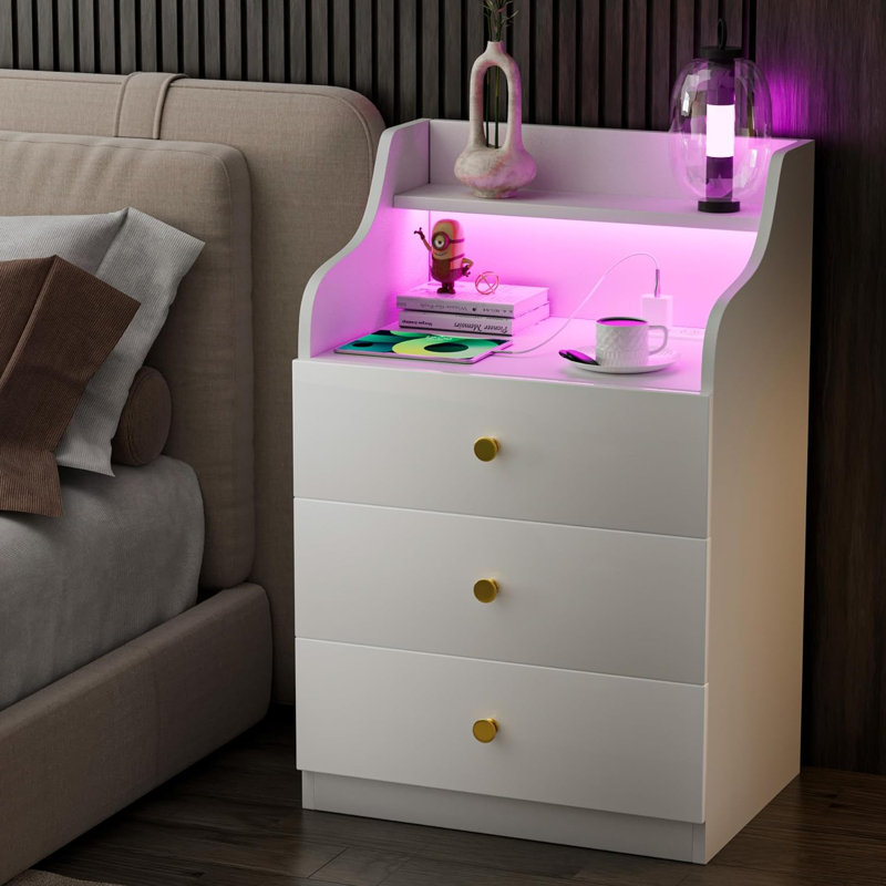 Table de chevet avec station de charge DEL, Blanc