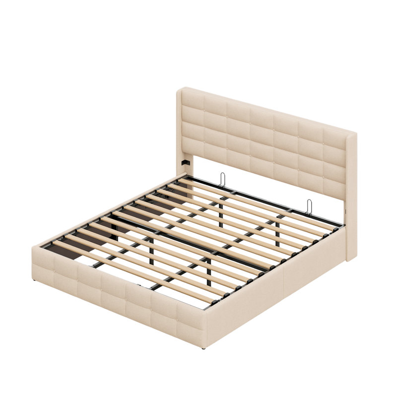 Lit plateforme avec rangement Lift Up et tête de lit Winback, Crème, crème, Très grand lit