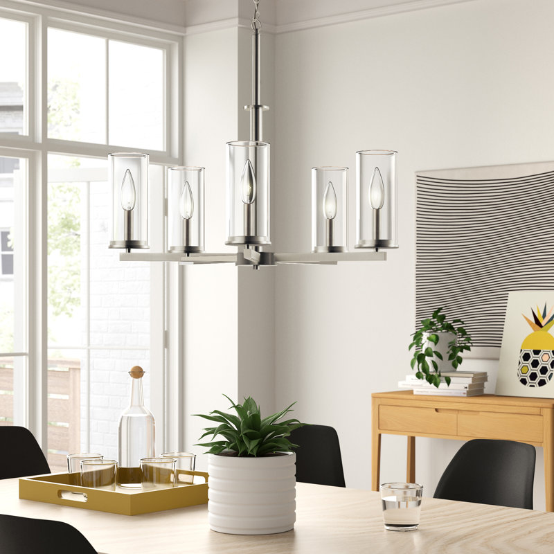 Lustre en nickel brossé 5 lumières avec abat-jour en verre transparent Crosby, Nickel brossé