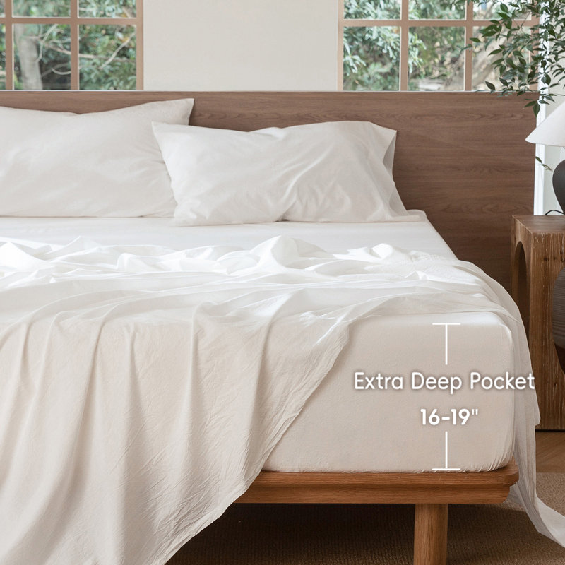 MooMee Fitted Sheet Only Extra Deep Pocket 100% Washed Cotton Linen Like Textured Lightweight Breathable, Off White, King