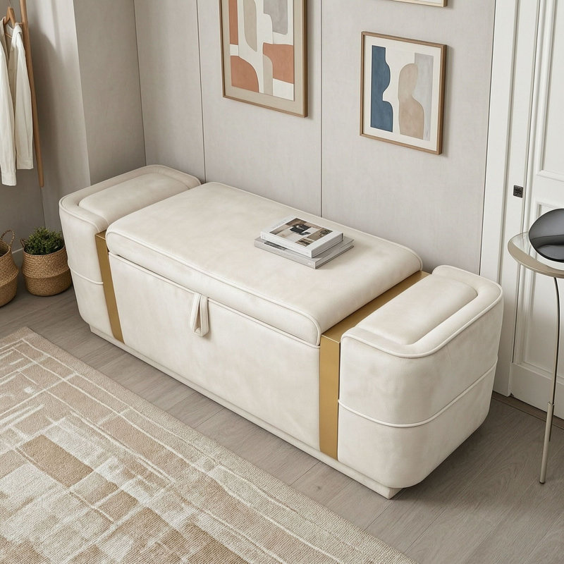 Banc coffre ottoman rembourré avec compartiment caché avec couvercle relevable, Beige