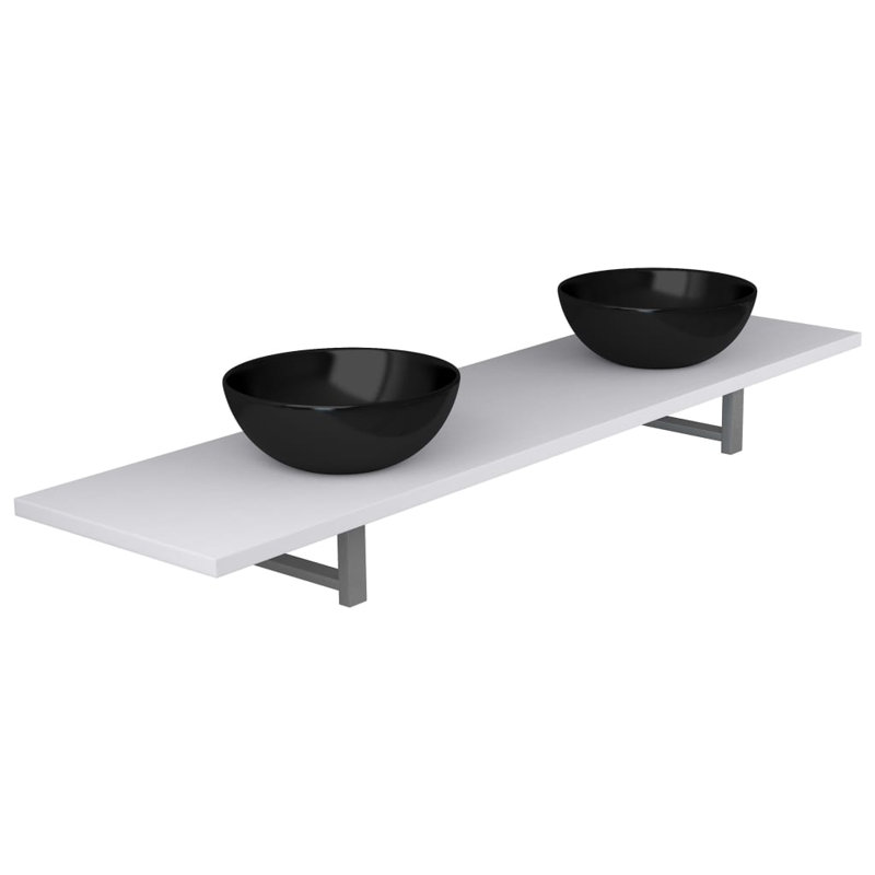 Cato Ridge Double Bathroom Vanity with Vessel Ceramic Basin, White, Black