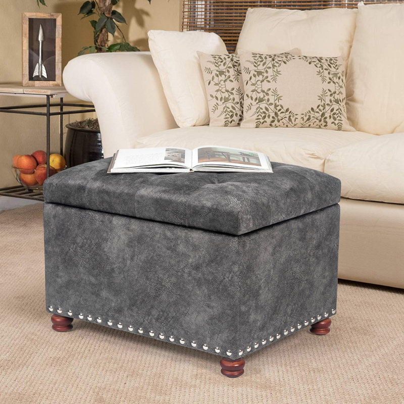 Gray Tufted Fabric Storage Ottoman with Nailhead Trim