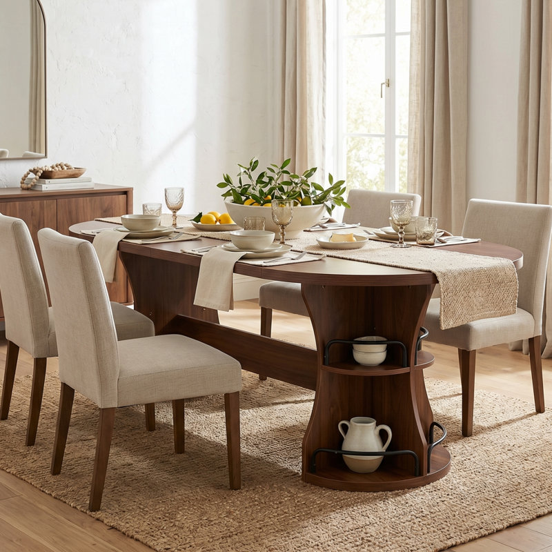 70.8 Inch Oval Dining Room Table for 4-6, Dinner Table with 2-Tier Storage, Modern Kitchen Tables with Curved Base, Sturdy Breakfast Tables for Living Room, Gathering, Walnut