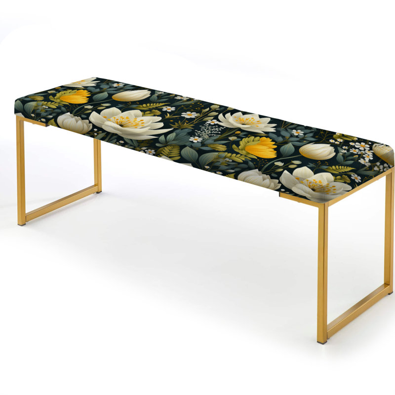  Botanical Upholstered Gold Bench, Boho Botanicals Garden