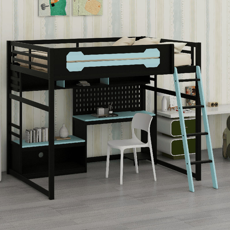 Lit mezzanine en bois avec bureau, Noir / Bleu