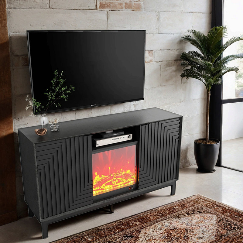 Meuble télé avec foyer électrique de 18 po, meuble télé Mid-Century avec tiroir et tablette, console multimédia pour le salon