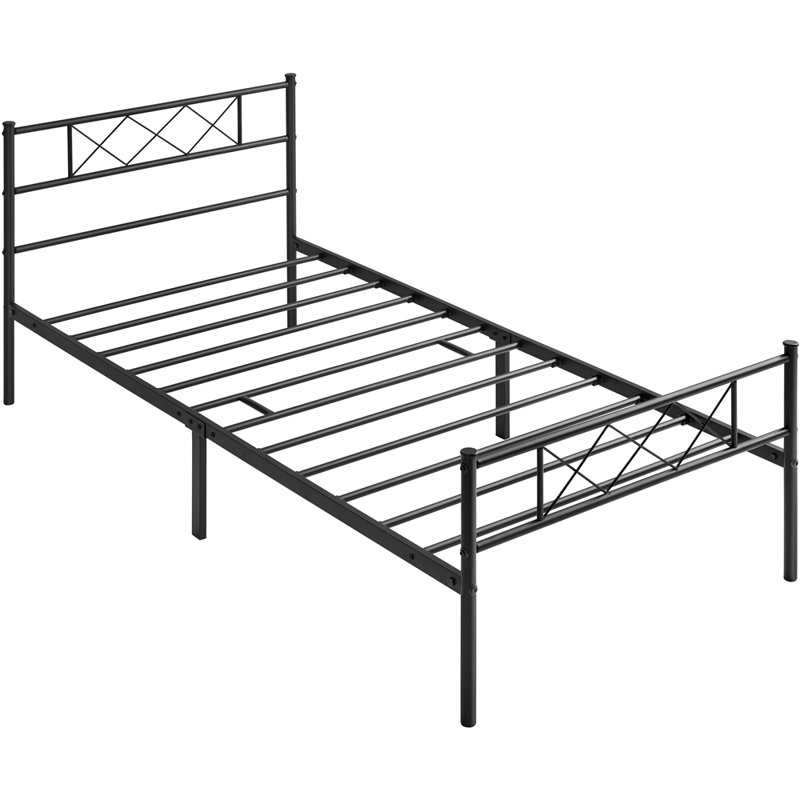 Modern Metal Bed Frame with Cross-design Headboard & Footboard, Black, Single (3')