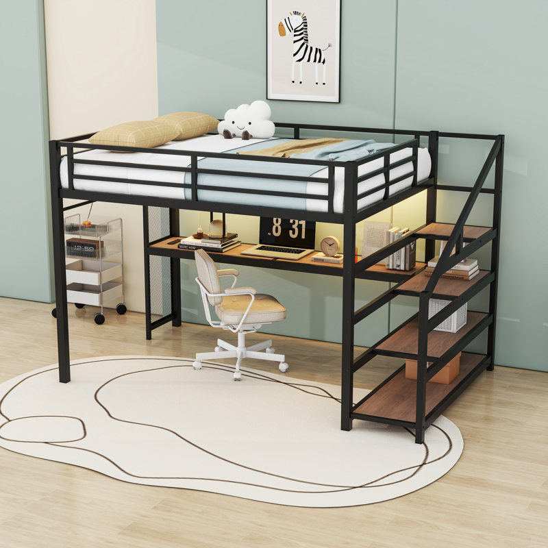 Lit mezzanine en métal avec bureau, escalier de rangement, lumières DEL et ports USB, Grand, Black/Brown