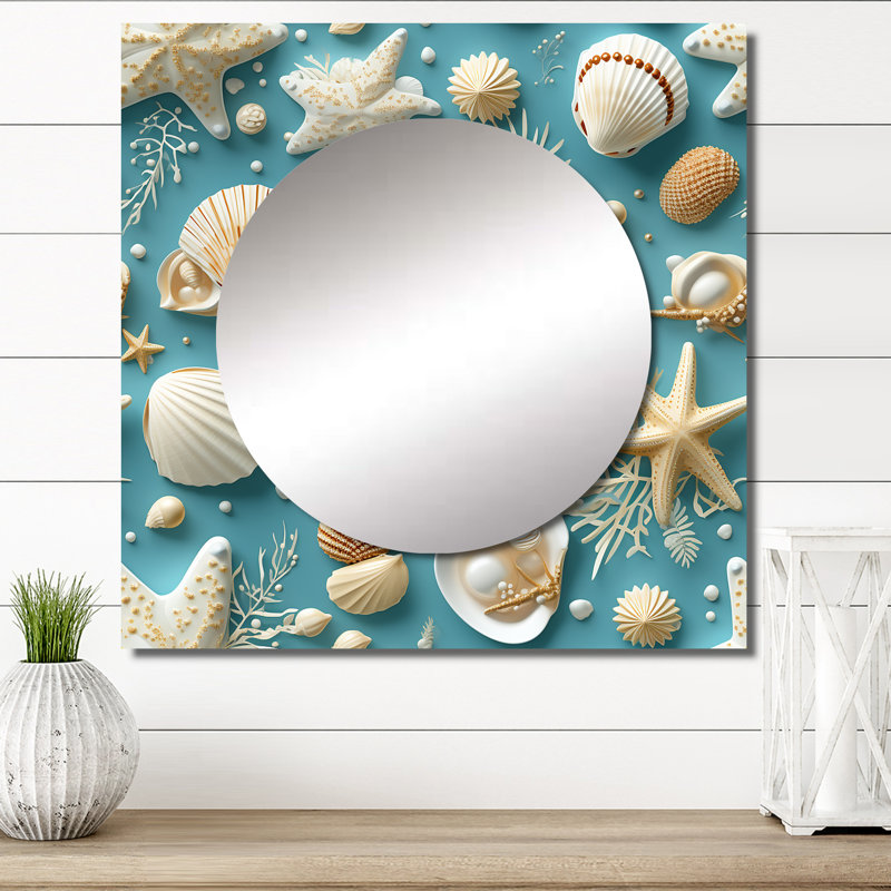 Motif côtier de coquillages côtiers - art abstrait carré en miroir pour salle de bain, 23 po x 23 po