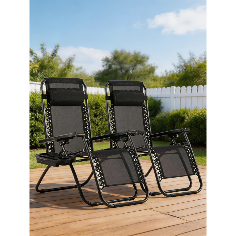 Zero-Gravity Lawn Lounge Chair Two-Piece Set, Includes Pillow And Cup Holder, Adjustable Angle, Suitable For Terrace, Beach, And Patio Use.