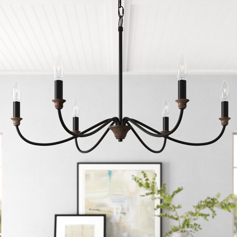 Lustre classique à 6 lumières de style bougie Baran, Matte Black/Brushed Walnut