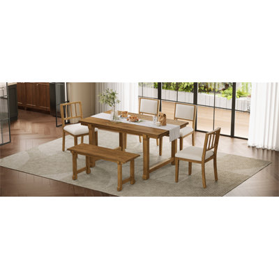 6-Piece Farmhouse Dining Set for 6, Kitchen & Dining Room Sets with Solid Wood Legs and Frame, Ergonomic Dual-Style Chairs, Ideal for Kitchen & Dining