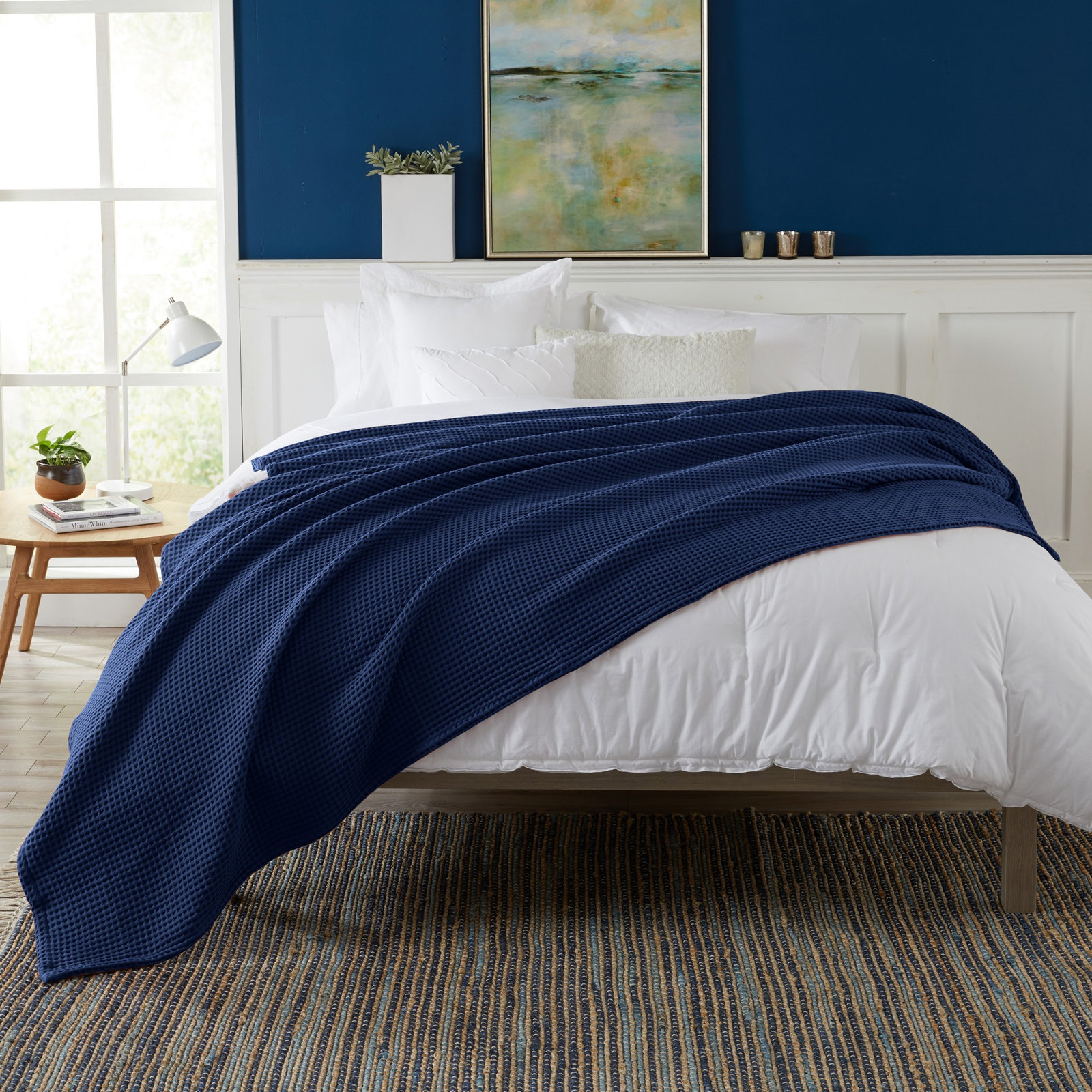 Vila Cotton Waffle Throw Blanket, King, Navy
