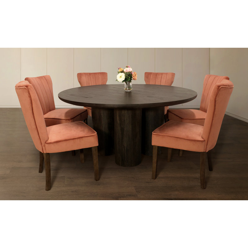 Inessa 63" Dining Table With 3 Sets Of Cleo Chairs In Blush Velvet Fabric