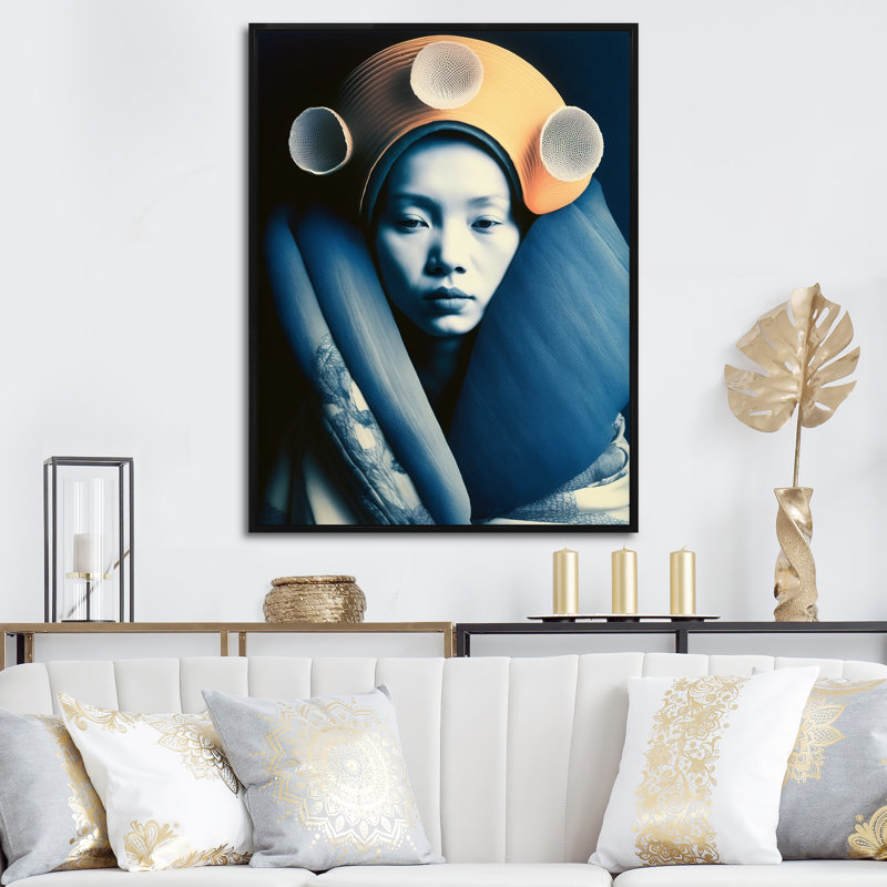 Ellissa Avant Garde, modèle en or et bleu rétro sur toile, H 40 po x l 30 po x P 1,5 po, Cadre flottant noir