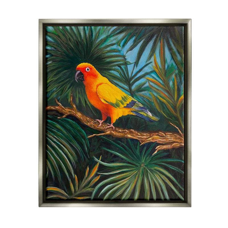 "Perroquet dans les arbres tropicaux", reproduction encadrée sur toile par Rhiannon englert, H 31 po x l 25 po x P 1,7 po
