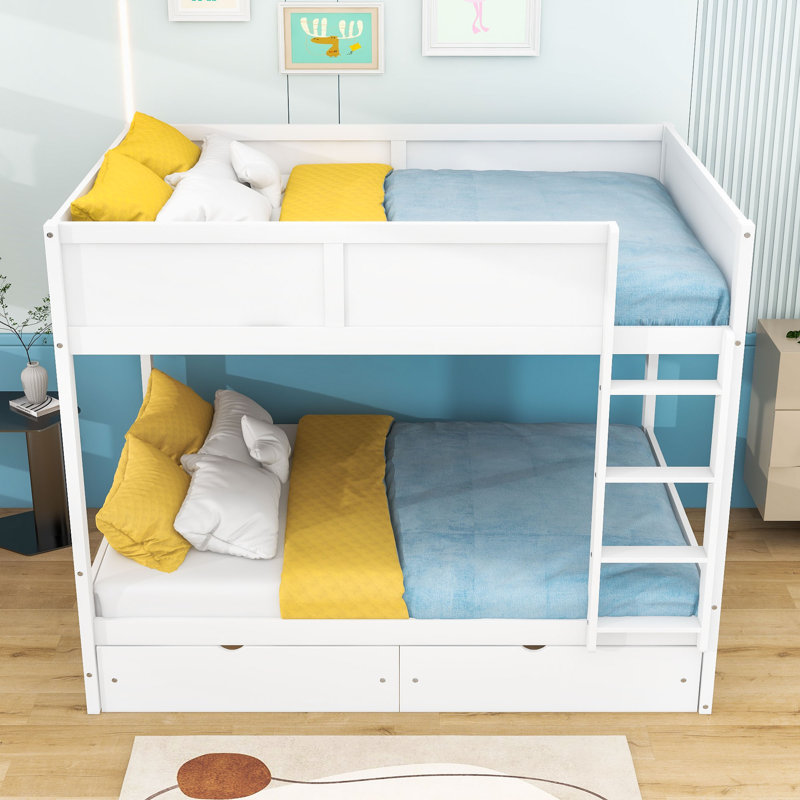 Lit superposé en bois 2 tiroirs sur 2 tiroirs avec lumières DEL, Blanc