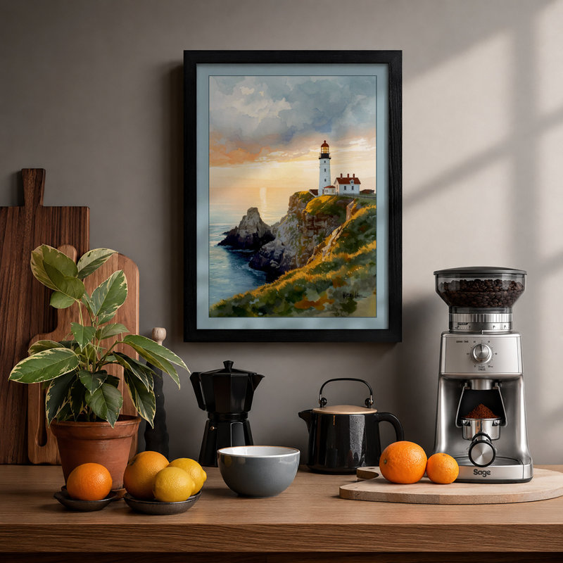 Lighthouse at Dawn Coastal - Framed Print, A2 - 59.4 x 42.0 cm, Black
