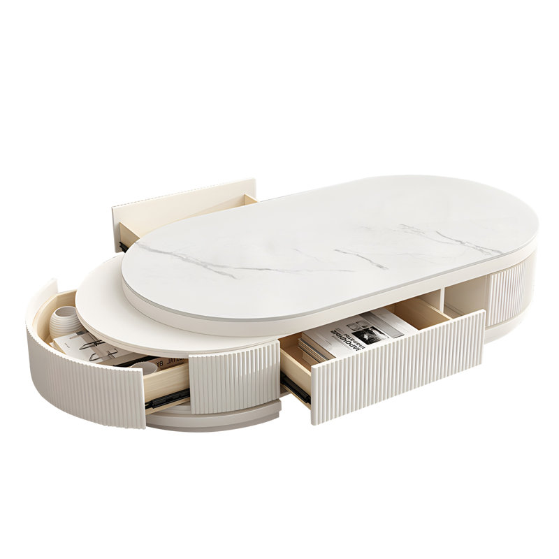 Modern Oval Coffee Table with White Marble Top and 3 Drawers