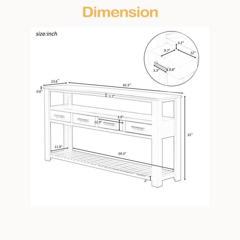 Grande table d'entrée de 61,5 po avec 4 tiroirs, console peinte avec tablettes ouvertes à 3 niveaux et poignées en métal, canapé de couloir polyvalent pour le salon