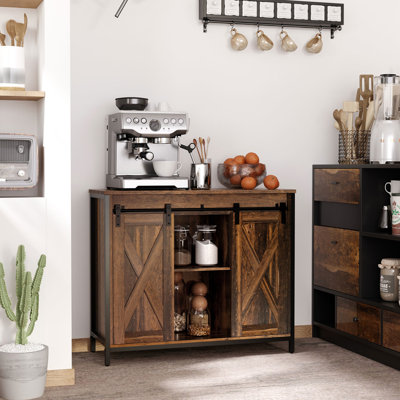 Buffet industriel. Brun rustique. Multifonctionnel avec portes coulissantes. Tablette réglable. Buffet brun l 35,5 po x P 13,5 po x H 30 po. Portes et tablettes de café. Rangement pour la vie