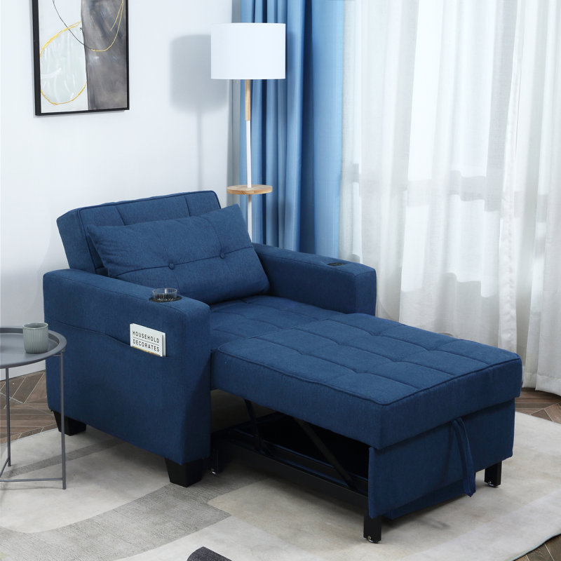 Latitude Run 36.6" Wide Convertible Chair 3-In-1 Pull Out Sleeper Futon Chair Beds with USB, Navy Blue 100% Linen