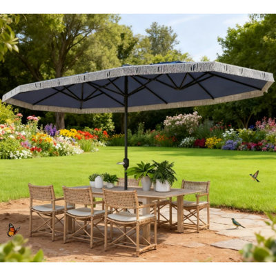 Spacious Patio Umbrellas, Polyester Steel, Fringe Style For Backyard