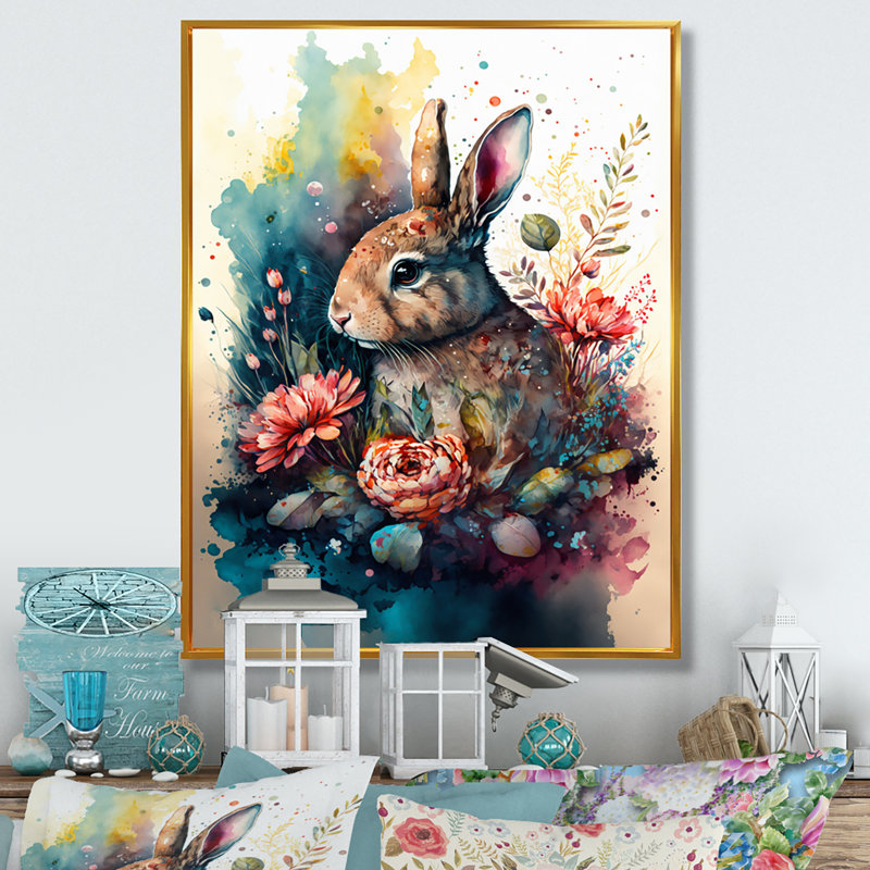 «Cute Rabbit Floral Art I», reproduction d'art sur toile, L 30 po x H 40 po, Toile avec cadre flottant or
