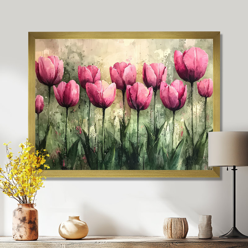 «Summer Pink Hues Tulips Field Horizon», art mural tulipes, H 34 po x l 44 po, Reproduction encadrée d'une seule photo, Doré