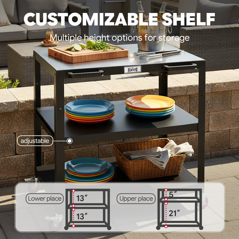 Îlot de cuisine extérieur de 35 po avec plateau en acier inoxydable FEASTO - Chariot de préparation de barbecue mobile à 3 niveaux et support à pizza