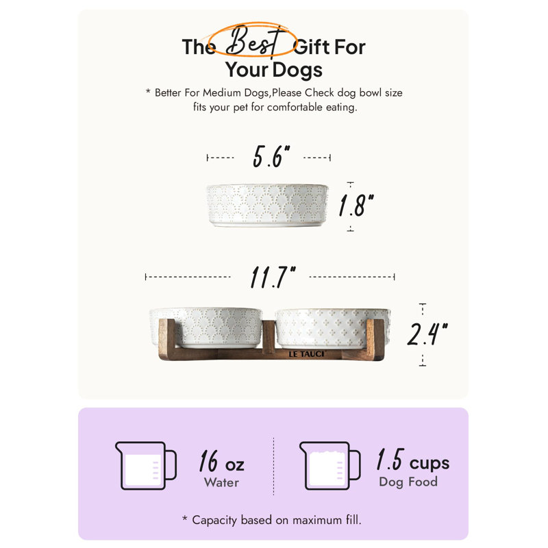 White Ceramic Pet Bowls with Acacia Wood Stand