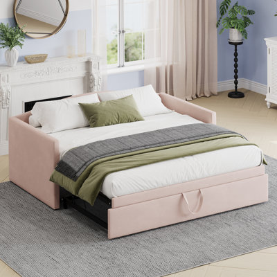 Twin Size Daybed With Pop Up Trundle, Upholstered Sofa Bed, Space-Saving Twin To King Design, Velvet, Pink