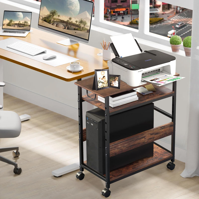 Rustic Brown Cpu Stand - Adjustable 3-Tier Storage For Home Office - Mobile Design