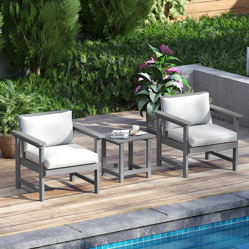 3-piece All-weather Outdoor Hdpe Patio Sofa Set With Cushions, Wide Armrests & Hdpe Coffee Table, Gray