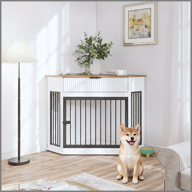 Meuble de coin en MDF pour chiens de petite / moyenne taille, table de bout décorative pour chenil avec tiroir cannelé, armoire moderne pour la maison