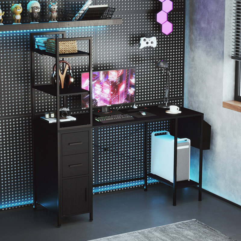 Costway Office Desk With Led Lights & Power Outlets Open Shelves 2 Drawers Cabinet