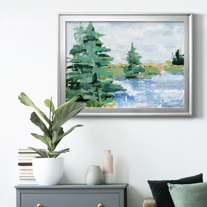 «Evergreen Lake I», peinture sur toile encadrée, Cadre argenté, H 30,5 po x l 42,5 po x P 1 po