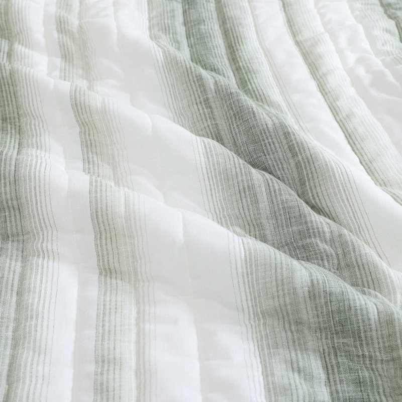 Tropical Cotton Standard Quilt, King Quilt + 2 King Shams, Green Striped