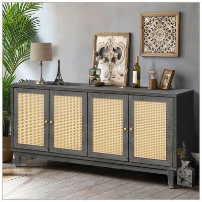 Handcrafted Premium Grain Panels,Rattan Sideboard Buffer Cabinet With 4 Rattan Doors, Modern Storage Cupboard Console Table With Adjustable Shelves For Living Room(Antique Dark  Gray)