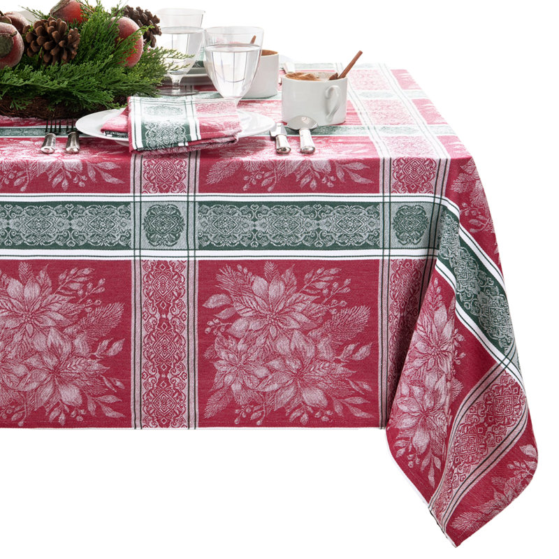 Poinsettia Plaid Jacquard Rectangle Plaid Cotton Tablecloth, 102" x 60"