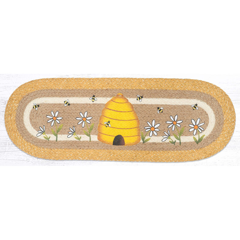 Earth Rugs Beehive Oval Table Runner 36" H Braided Jute Hand-Stenciled Runner For Indoor Decor, Beehive