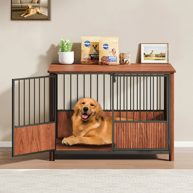 Cage pour chien en bois de noyer cannelé pour petits et moyens chiens, H 30,5 po x l 43,3 po x P 30 po