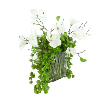 Magnolias and Succulents Arranged in Glass Vase