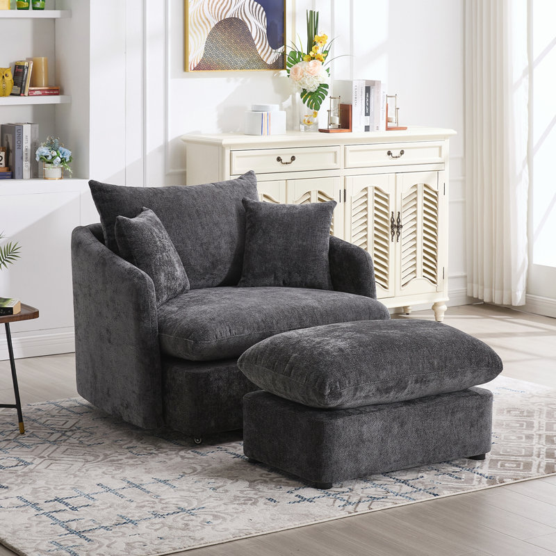 Fauteuil d'appoint pivotant surdimensionné rembourré avec repose-pieds, Dark Grey