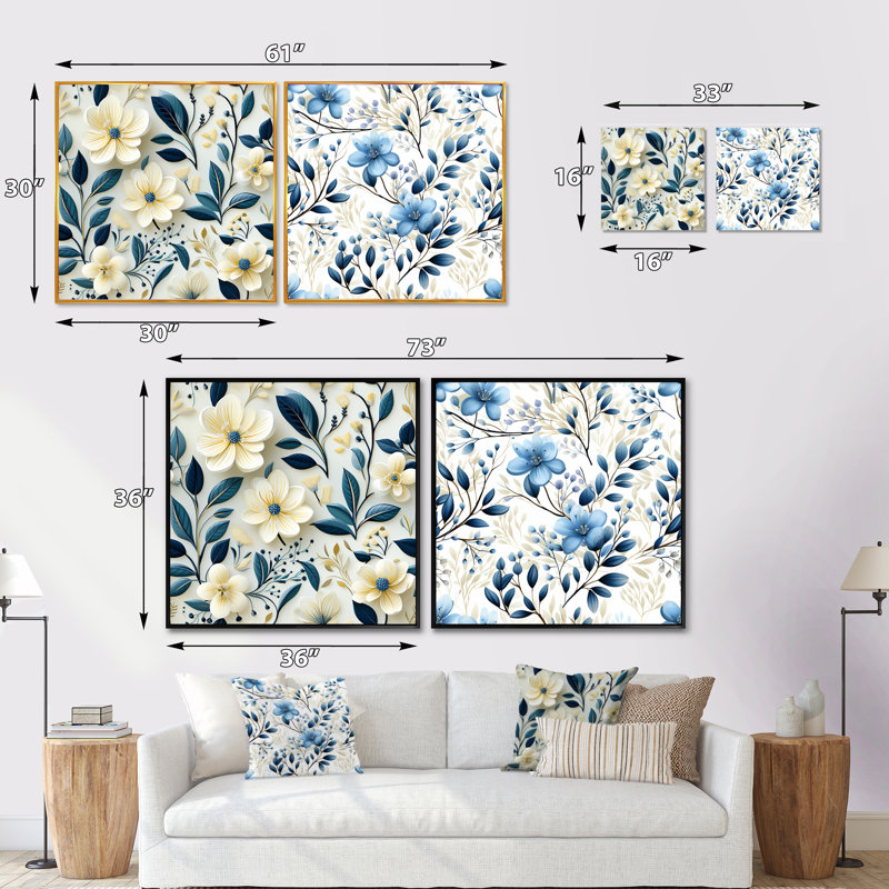 Coastal Elegance V - Ensemble de 2 collages carrés floral et botanique, Toile tendue, H 30 po x l 61 po