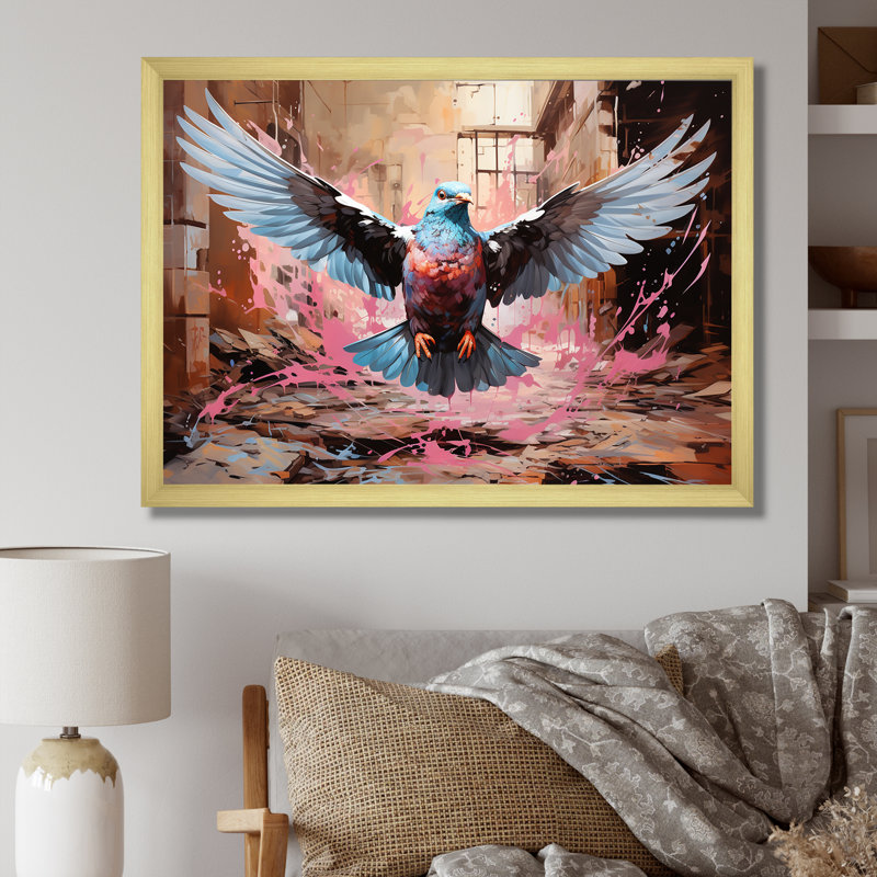 Pigeon bleu et rose en vol - Art mural animal pigeon, Cadre doré à coins fermés, H 30 po x l 40 po x P 1,5 po