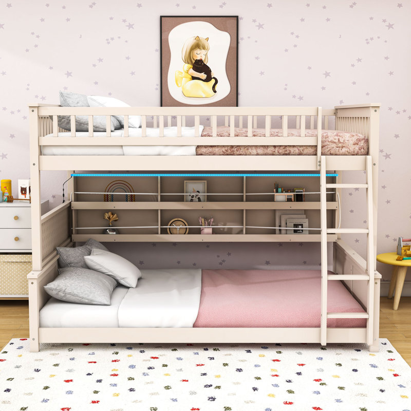 Lit superposé convertible en bois avec tablettes de rangement, Double TG sur grand, Beige